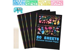 ‎VEUWOLM 50 Blätter Regenbogen Kratzpapier 26x19cm, Kratzbilder Set für Kinder, Kratzpapier Set, 5 Holzstifte, 4 Malschablonen, Magic Scratch Book, Kratzpapier Set zum Zeichnen und Basteln