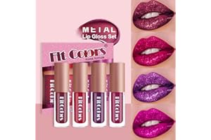 Mimore 4 couleurs Miroiter Ensemble de brillant à lèvres Briller Rouge à lèvres liquide Imperméable Brillant à lèvres Longue durée Métallique Miroiter Not Stick Teinte des lèvres