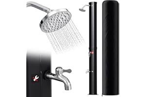 Eulenke Ducha solar de jardín de 35 L, 217 cm, ducha de jardín solar, agua caliente máx. 60 °C, ducha de piscina con cabezal de ducha de lluvia y grifo, ducha exterior sin Stromansc hluss, incluye