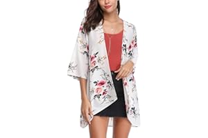 Irevial Cardigan Donna Chiffon Kimono Estivo Elegante Copricostume Mare Maniche a 3/4 Stampa Floreale Bluse Top per Spiaggia Party Vacanze