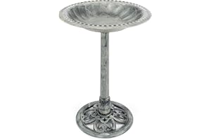 CHRISTOW Plastic Resin Bird Bath for Garden, Round Pedestal Birdbath, Traditional Victorian Style, Rustic Metal Effect, Standing Outdoor Water Bowl, 60cm x 43cm x 43cm (Grey)