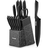 FOHERE Kitchen Knives Set with Integrated Sharpener, 13 Pieces Black Non-Stick Coating Kitchen Knives with Ergonomic Handle a