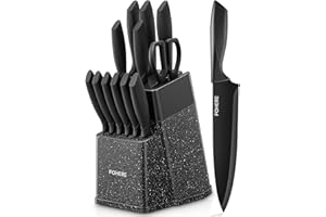FOHERE Coltelli da Cucina con Autoaffilante, 13 Pezzi, Set Coltelli da Cucina in Acciaio Inossidabile, Ceppo con Blocco in Plastica, Granito Nero