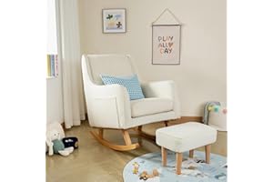 Babymore Ida Nursing Chair with Footstool in Bouclé - Elegant Rocking Chair for Timeless Comfort With Sturdy Wooden Legs, Gentle Rocking Motion, Supportive Back, Soft Fabric & Stylish Armrests