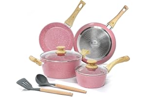 Innerwell Set di Pentole e Padelle 4 Pezzi Rosa, Set con 2 Padelle Antiaderenti, 2 Pentole con Coperchio, con Granito Ceramica Rivestimento, per Induzione, Forno, Lavastoviglie, Atossica, Senza PFOA