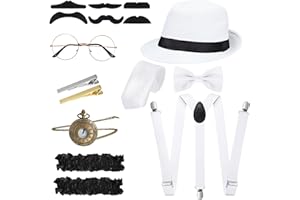 Blulu Set Accessori Costumi Uomo Anni '20 Costume da Gangster Retrò, Cappello, Papillon, Orologio, Bretella, Occhiali, Barba, Bracciale Reggicalze, Fermacravatte (Stile Semplice, Bianco)