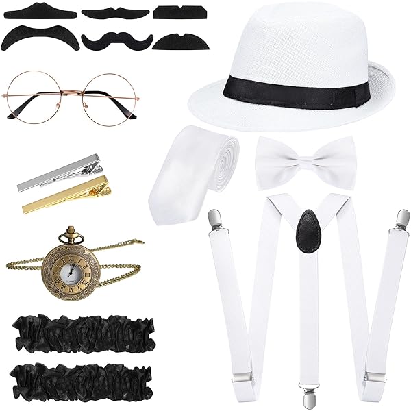 Costume Da Gangster Anni 20 - Set 4 Pezzi Con Cappello Panama, Cravatta, Occhiali E Baffi - Foto 10