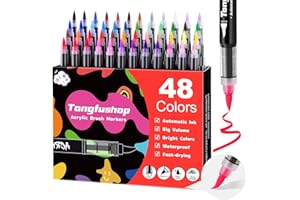Tongfushop 48 Colori Pennarelli Acrilici, Pennarelli Indelebili Acrilici con Pennello, Marcatori Acrylic Marker Ad Acqua per Dipingere Sassi, Tessuti, Metallo, Vetro, Legno, Tela, Ceramica, Plastica