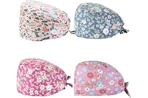 SIMYJOY 4 Pièces Casquettes Bouffantes avec Boutons Bandeau Réglable Casquettes de Travail Turban en Coton Bonnet Imprimées Chapeaux Unisexes