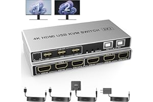 YEEMIE PRO Commutateur KVM double écran HDMI 2 ports, affichage étendu 4K@60Hz 2 moniteurs 2 ordinateurs Commutateur KVM avec 3 ports USB et sortie micro audio, commutateur clavier-souris pour écran PC