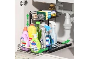 SUMAITech Organizador Bajo Fregadero de Metal, 2 Niveles Estanteria Bajo Fregadero con Altura Ajustable, Organizador Cocina Extraible, Estante de Almacenamiento Cocina, Negro