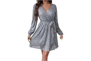 Zeiayuas Women's Sequin Dress Sparkly Glitter Lantern Sleeve V Neck Bodycon Dress Sparkle Party Disco Club Dress Ladies Plus Size Formal Cocktail Clubwear Casual Evening Mini Dresses