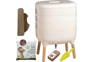 Moutta | Urbalive 3 Plateaux Ivoire Kit Complet I Lombricomposteur Design I 250gr de vers de Compost I Substrat de démarrage I Tapis de Chanvre + Pelle I Intérieur, Balcon et Jardin