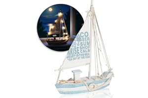 ‎COM-FOUR com-four® Deko-Schiff aus Holz mit LED-Beleuchtung - Fischkutter mit Segel, Schnur und Muscheln - nautische Tischdeko - Segelboot - Maritime Dekoration fürs Bad (1 Stück Segelschiff - LED)