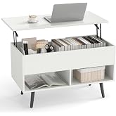 GIANTEX Lift Up Coffee Table with Hidden Storage (White) | Modern Wooden Coffee Table with 2 Open Shelves and Silent Patch fo