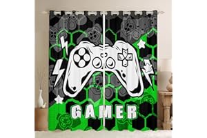 HOMEMISSING Boys Gamer Curtains Video Game Gaming Window Curtains for Bedroom Living Room for Kids Green Honeycomb Gamepad Window Drapes Stylish Window Curtains W52*L63