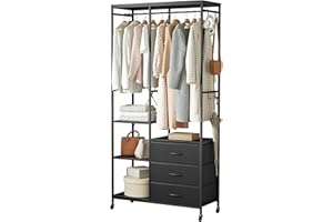 Mintnook Clothes Rail Heavy Duty Closet Rack - Freestanding Portable Closet Wardrobe mit Rädern, Holz Top, Stahlrahmen, Stoff Schubladen & verstellbare Regale, schwarz