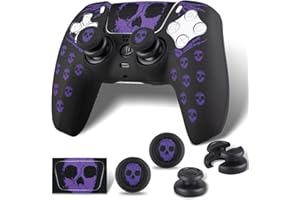 PlayRealm Silicone Skin Cover& Sticler x 1 & No Falling off Thumbstick x 2 for PS5 Controller (Ghost Purple)