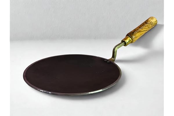 Pure Iron Tawa for Roti/Chapati with Wooden Handle Premium Heavy Iron Handmade Curved Tava for Multipurpose Uses with Health Benefits Non-Toxic, No Chemical Layers 10 Inch, 1 KG