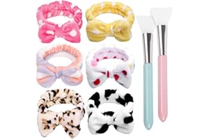 TERSE Haarband Schminken Damen Mädchen Bowknot Kosmetik Stirnband mit 2 Stück Silikon Maskenpinsel Süße Korallenrot Fleece für SPA Waschen Gesicht, 6 Stück