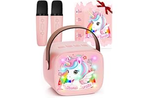 VIKKENT Karaoke Maschine Kinder mit 2 Bluetooth Mikrofon, Tragbarer Karaoke Drahtlosen Mikrofon mit LED-Lichtern und Stimmenverzerrer, Einhorn Geschenke für Mädchen 3, 4, 5, 6, 7, 8, 9,10,11,12+ Jahre