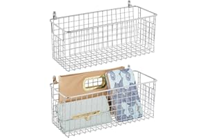 mDesign Wiszący kosz do przechowywania, średniej wielkości, montowany na ścianie, metalowy kosz druciany, wielofunkcyjna taca do przechowywania artykułów gospodarstwa domowego, 2 sztuki, chromowany