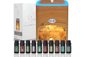 Pure Daily Care Himalaya-Rosasalz-Diffusor & 10 ätherische Öle – 2-in-1-Therapiegerät – 400-ml-Ultraschall-Verdampfer und Ionisator mit Umgebungslicht (Licht)