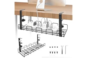 SEGNAYEN Under Desk Cable Management Tray No Drill, Cable Tray Under Desk, Metal Standing Desk Wire Organizer Basket Clamp for Office Home Cord Tidy Rack, Black,1PCS