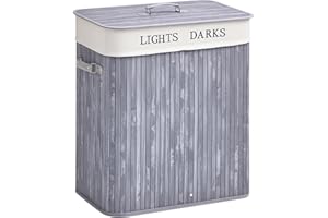 HOMCOM 100L Collapsible Natural Wood Laundry Hamper Organizer Clothes Washing Basket Bin Storage Box w/Lid Removable Lining 52x32x63cm, Grey