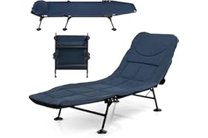 COSTWAY Folding Camping Bed, Outdoor Sleeping Cot with Detachable Mattress, 6-Position Adjustable Backrest & 360° Swivel Foot Cover, Portable Camp Lounge Chair for Travel Beach Office (Navy)