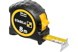 STABILA Taschenbandmaß BM 300, 8 m, Maßband mit doppelseitiger metrischer Skala, bruchsicheres PC/ABS-Gehäuse, SPIKES-Haken, Stahlband mit NYLON-WRAP-Ummantelung, Gürtel-Clip, MID-Genauigkeit