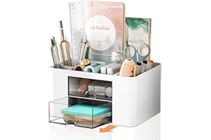 Cayxenful Desk Organiser with 2 Drawers, Plastic Table Stationary Holder, Desk Tidy with 5 Compartments Desktop Storage Holder Stationery Supplies Organizing For Office School Home(White)
