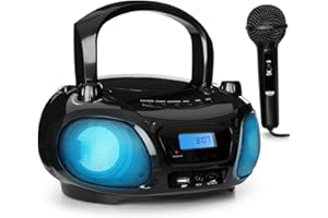 Auna Lecteur CD Portable Radio 3W, Boombox FM+ Bluetooth 5.0 + AUX, Chaine HiFi Stéréo Mural a LED avec Micro, Poignée Transport, USB, MP3 & Streaming, Poste Player Adulte et Enfant
