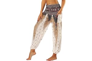 Nuofengkudu Femme Harem Pantalon Yoga Sarouel Legers Hippie Baggy Léger Ethnique Calqué Smockée Taille Haute avec Poches Été Plage