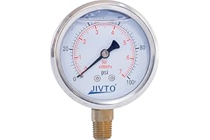 JIVTO liquid filled pressure gauge, 2.5" dia,0-100 Psi,0-7 Bar, 1/4" BSPT lower mount