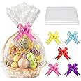 SelfTek 20pcs Large Cellophane Bags with Pull Bows Cellophane Wrap Bags for Hampers with Bows Set for Baskets Making Easter Gifts Presents Packaging, 33 X 22 Inches