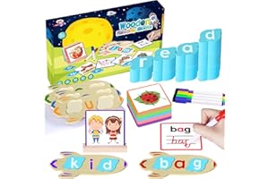 EUCLIDEAN CUBE Wooden CVC Word Spelling Games -144Pcs Rocket Shape Short Vowel Letters Sorting Spelling Reading Toy Set -Sight Words Flash Cards, Learning Activities Montessori Educational Toys for 3+ Years Old