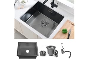 Black Kitchen Sink, 50X45CM Small Sink Stainless Steel Single Bowl, BoomHoze Outdoor Campervan with Overflow, Drainer Fittings, Undermount, Top Mount, Drop in Flushmount Installation, Grey Black