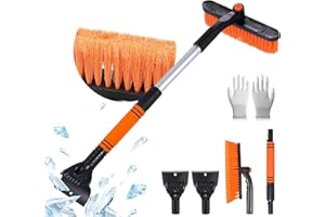 Funnity Eiskratzer Auto mit Besen, Effektiver Schneebesen Auto, Eiskratzer Auto mit Handschuh[Teleskop], Große Kante Borsten & Ergonomischem Schaumstoffgriff & Eiskratzer mit Besen(Orange)