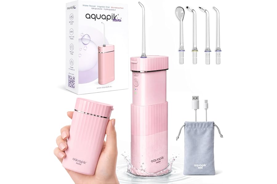 Aquapik® Mini Portable Water Flosser Cordless Compact Design Retractable Water Tank Oral Irrigator for Braces/Orthodontic/Sensitive Gums 4 Nozzles 3 Powers IPX8 Waterproof Ideal for Travel and Office