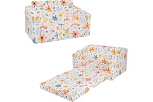 decalsweet Sofás Plegables para niños Sillón 2 en 1, Sillón Infantil Cómoda Estable Ligero con Bolsillo de Tela, Sofá Cama Asiento para Bebé para Dormitorio Sala de Juegos, Flores Amarillas