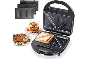 Aigostar Robin - Sandwich maker 3 w 1: grill, gofrownica i opiekacz do kanapek. Moc 750 W, wyjmowane płyty nieprzywierające, termostat do 215ºC, pionowe przechowywanie i uchwyt cool-touch.