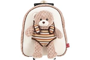 PERLETTI Sac à Roulette Scolaire Maternelle et Peluche Douce pour Enfant 3 4 5 Ans - Mini Sac à Dos avec Roues et Animal Doudou Amovible pour Fille Garçon - Sacoche Garderie avec Jouet - 29x32x11 cm