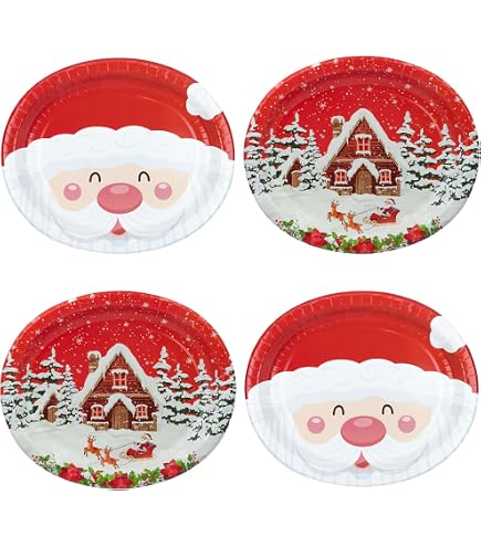 HNH Weihnachten Pappteller-Set – 24 Ovale Dessertteller (32x27 Cm) Mit Weihnachtsmann & Winterhaus-Motiv | Für Buffet & Feiern