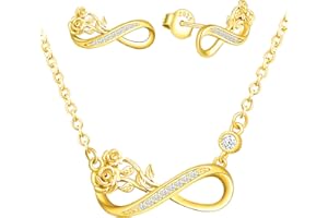 INFINIONLY Collier Bracelet et Boucles d'oreilles femme, ensembles de bijoux en argent 925, collier bracelet clou d'oreille symbole de l'infini, enlacée la belle fleur de rose, zircon incrusté, or