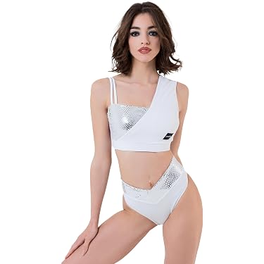 Top Corto Da Donna Vxuxlje Con Spalla Scoperta, Maniche Lunghe, Strass, Per Danza Latina E Serate, 80% Poliestere, 10% Spandex