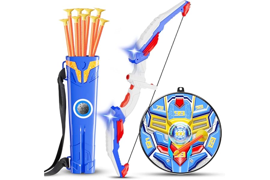 QCTOYS Kids Bow and Arrow Set - LED Light Archery Set with Adjustable Bowstring 10 Suction Cup Arrows 2 Targets and Quiver, Indoor Outdoor Archery Sport Toys for Boys Age 4 5 6 7 8 9 Xmas Gifts
