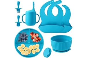 BINSUCA Set Pappa per Bambini Silicone Alimentare,7 Pezzi Set Svezzamento Silicone Piatto con Ventosa Ciotola Cucchiaio Forchetta Bavaglino,Antiscivolo Vassoio Senza BPA Impermeabili Set (Blue)