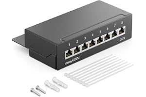 deleyCON CAT6 Panneau de Brassage 8 Ports Bureau & Montage Mural - Blindé - Prise 8x RJ45 - TIA568A TIA568B - Noir Pour Ordinateur