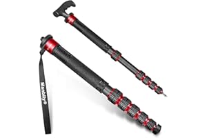 Manbily 32mm Einbeinstativ Carbon für Kameras 44cm-174cm Kohlefaser Monopod Stativ DSLR Reise-Einbeinstativ mit Gehstockgriff 6 Abschnitte Wanderstöcke Max. 15KG mit Telefonclip für Videokamera (Rot)